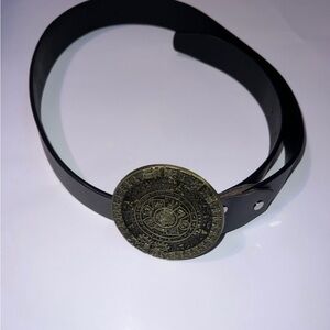 Black Leather Belt with Aztec Calendar Medallion